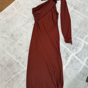 Zara sleeveless One-Shoulder Dress in Rich Brown with neck scarf